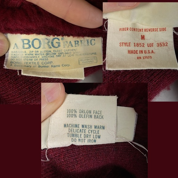 VTG Borg Fabric M Burgundy Faux Fur Robe Made in USA Plush Belted Long Lounge - Picture 13 of 14